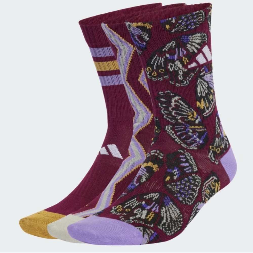 NWT FARM Rio Adidas Collab 3 Pack Multicolor Butterfly Print Crew Socks Size M